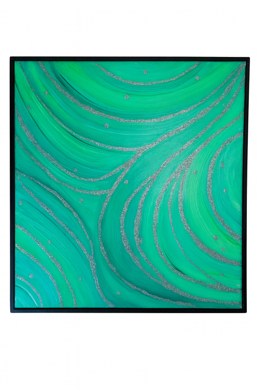 Verdant Lines – Abstract Green & Silver Wall Art